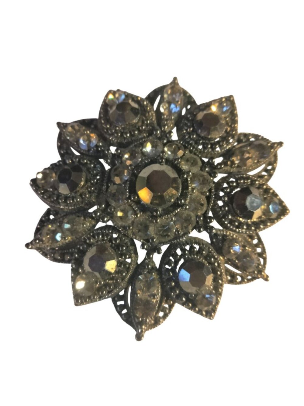 Vintage Black Rhinestone Flower Brooch Pin Filigree Elegant Statement